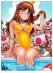  1girl 6+boys ball beachball blue_eyes blue_sky breasts brown_hair cleavage cloud day earrings flower_earrings holding holding_own_hair jewelry lips long_hair mario_(series) marker_(medium) multiple_boys omar_dogan one-piece_swimsuit outdoors pool poolside princess_daisy red_toad_(mario) signature sitting sky swimsuit tim_hortons toad_(mario) traditional_media vest yellow_one-piece_swimsuit 