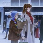  1boy 1girl 5others bag blonde_hair blue_hat blue_jacket blue_pants boots bouquet breasts brown_coat brown_hair coat commentary english_commentary grey_eyes handbag hat high_heel_boots high_heels highres holding holding_bag holding_bouquet jacket large_breasts multiple_others nakano_kaworu original pants ponytail rainbow_scarf red_sweater scarf shopping_bag sidelocks snow storefront striped_clothes striped_scarf sweater turtleneck turtleneck_sweater watermark winter_clothes 