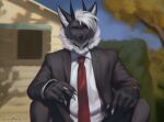 anthro better_call_saul black_body black_hands bottomwear breaking_bad building canid canine cigarette claws clock clothed clothing cosplay costume facial_tuft fox fur grey_body grey_fox grey_fur hair hi_res horn house inner_ear_fluff jewelry looking_aside male mammal mane markings multicolored_body multicolored_fur neck_tuft necktie outside pants plant redraw ring saul_goodman screencap_redraw sitting sky smile solarflare02 solo study suit topwear tree tuft urocyon watch white_body white_claws white_fur white_hair white_inner_ear_fluff xavier_(solarflare02)