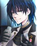  1boy black_hair blue_eyes blue_hair cocktail_shaker cup drinking_glass earrings hair_between_eyes holding holding_cup jewelry kite_(technoroid) male_focus medium_hair multicolored_hair shiro_yorozu solo streaked_hair technoroid upper_body wine_glass 