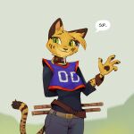 anthro arnis bottomwear bracelet clothing collar digital_drawing_(artwork) digital_media_(artwork) ear_piercing ear_ring facial_markings felid feline female fur gesture green_eyes hand_behind_back head_markings head_tuft jersey jewelry long_sleeves long_tail looking_at_viewer mammal markings pants pawpads pepper_(ruffu) piercing pointy_ears portrait ring_piercing ruffu shirt simple_background smile solo speech_bubble spots spotted_body spotted_fur striped_markings stripes tail text three-quarter_portrait topwear tuft waving waving_at_viewer