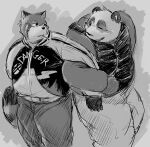  2023 ailurid anthro aotadobukitch bear bottomwear clothed clothing duo giant_panda hi_res kemono male mammal one_eye_closed overweight overweight_male pants red_panda smoking wink 