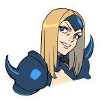  1girl armor baka_guruo blonde_hair blue_eyes leotard long_hair looking_at_viewer marvel mizuki_(punisher) pauldrons shoulder_armor simple_background smile solo spiked_armor spikes the_punisher_(1993_game) 