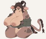 accessory anthro areola bangs big_breasts black_bottomwear black_clothing black_shorts bottomwear bovid bovine braided_tail breasts bri_(punkinbuu) brown_hair cattle clothing ear_piercing ear_ring facial_piercing female green_clothing green_sweater green_topwear hair hair_accessory hair_bun hair_over_eyes hair_tie heart_(marking) hi_res highland_cattle holding_breast hoop_ear_ring hooves horn kneeling lips mammal markings nipples nose_piercing nose_ring piercing punkinbuu ring_piercing shorts simple_background solo sweater tail tan_areola tan_nipples thick_bottom_lip thick_thighs tied_hair topwear white_background