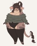 accessory anthro bangs big_breasts bovid bovine bra_strap braided_tail breasts bri_(punkinbuu) brown_hair cattle cleavage clothed clothing ear_piercing ear_ring facial_piercing female green_clothing green_sweater green_topwear hair hair_accessory hair_over_eyes hair_tie heart_(marking) hi_res highland_cattle hoop_ear_ring hooves horn leg_warmers legwear leotard_under_clothing lips mammal markings mole_(marking) nose_piercing nose_ring piercing punkinbuu ring_piercing simple_background smile solo spots spotted_markings sweater tail thick_bottom_lip thick_thighs tied_hair topwear white_background