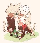  1boy 1girl animal_ear_fluff animal_ears artist_name blush braid brown_background brown_jacket brown_thighhighs cat_boy cat_ears cat_girl cat_tail confession doughnut eating flower food french_braid grass green_shorts green_socks holding holding_flower hood hood_down hooded_jacket jacket long_hair long_sleeves looking_at_another original pink_flower red_eyes red_scarf scarf shironappa short_bangs short_eyebrows shorts sitting socks striped striped_socks tail thighhighs very_long_hair yuruneko_danshi yuruneko_joshi 