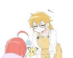  2girls =_= ahoge apron brown-framed_eyewear brown_hair chan_mama closed_eyes commentary_request crying earrings glasses harumi_(pokemon) highres holding holding_stuffed_toy jewelry long_hair mother_and_daughter multiple_girls nao_(70_pocky) open_mouth pichu pokemon pokemon_kids_tv ponytail red_hair shirt simple_background smile spoken_expression stuffed_toy stuffing tape_measure tears translation_request white_background white_shirt yellow_apron 
