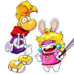 2023 4_fingers amanditas anthro big_nose black_eyes blonde_eyebrows blonde_hair blue_ear_piercing bottomless bottomless_anthro closed_smile clothed clothed_anthro clothed_female clothed_humanoid clothed_male clothing colored crossover crown digital_drawing_(artwork) digital_media_(artwork) duo ear_piercing english_description eyebrow_through_hair eyebrows eyelashes eyeshadow featureless_crotch female fingers flat_chested floating_hands floating_head floating_torso footwear gem gloves hair half-closed_eyes hand_in_pocket handwear headgear holding_selfie_stick hoodie humanoid lagomorph larger_humanoid larger_male light lighting long_hair looking_at_viewer makeup male mammal mario_bros mario_plus_rabbids_kingdom_battle mouth_closed multicolored_body narrowed_eyes nintendo noseless piercing pink_clothing pink_shirt pink_topwear pockets purple_clothing purple_eyeshadow purple_hoodie purple_topwear rabbid rabbid_peach raving_rabbids rayman rayman_(series) raypeople_(rayman) red_tongue ruby_(gem) sapphire_(gem) selfie_stick shaded shirt shoes short_hair simple_background size_difference smaller_anthro smaller_female smile smiling_at_viewer standing taking_picture taking_selfie tan_body tan_inner_ear tan_skin thin_eyebrows tongue topwear translucent translucent_hair two_tone_body ubisoft white_background white_clothing white_gloves white_handwear yellow_clothing yellow_footwear yellow_shoes