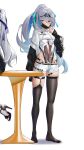  2girls absurdres asymmetrical_legwear bare_shoulders black_thighhighs breasts bronya_zaychik bronya_zaychik_(herrscher_of_truth) covered_navel full_body ginklaga grey_eyes grey_hair hair_between_eyes highleg highres honkai_(series) honkai_impact_3rd long_hair long_legs looking_at_viewer mask mouth_mask multiple_girls no_shoes pink_pupils ponytail skindentation small_breasts solo solo_focus thighhighs very_long_hair 