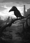  animal artist_name bird branch cloud crow elden_ring greyscale highres monochrome no_humans outdoors sharp_teeth teeth tower tree tripdancer 