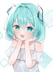 1girl absurdres alternate_costume alternate_hairstyle aqua_eyes aqua_hair blush collarbone dress hair_between_eyes hair_ornament hands_on_own_cheeks hands_on_own_face hatsune_miku highres looking_at_viewer medium_hair mokoinu_(pixiv_27216243) off-shoulder_dress off_shoulder open_mouth simple_background smile solo vocaloid white_dress 