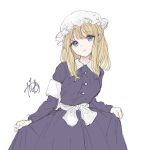  1girl armband blonde_hair blue_eyes bow breasts buttons collar dress hair_between_eyes hat highres kashiwada_kiiho long_dress long_sleeves looking_at_viewer maribel_hearn medium_hair mob_cap open_mouth purple_dress sash simple_background solo touhou white_armband white_background white_collar white_hat 