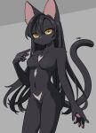  1girl absurdres animal_hands animal_nose artist_name black_fur black_hair black_skin black_tail body_fur breasts cat_girl cat_paws cat_tail colored_skin commentary_request completely_nude cowboy_shot curtained_hair expressionless eyelashes furry furry_female grey_background hair_between_eyes hand_up highres long_hair looking_at_viewer medium_breasts meg_(115meg) navel no_nipples nude original parted_lips pawpads simple_background solo standing stomach straight_hair tail tail_raised two-tone_fur very_long_hair whiskers white_fur yellow_eyes 