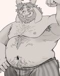  1boy armpit_hair armpits artist_name asgore_dreemurr bara bare_pectorals beard belly biceps boxers bulge chest_hair closed_eyes english_commentary facial_hair fat flexing floppy_ears furry furry_male goat_horns greyscale grin hand_on_own_hip highres horns male_focus male_underwear monochrome navel nipples pectorals plump smile stomach_hair tazaa_(unatazaamarilla) topless_male twitter_username undertale underwear utdr_(toby_fox) 