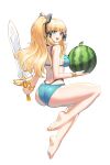  1girl :d ass back bangs bare_legs bare_shoulders barefoot bikini black_bow blonde_hair blue_bikini blue_eyes blunt_bangs bow bracelet breasts feet food from_behind fruit hair_bow highres holding holding_sword holding_weapon jewelry layered_bikini long_hair looking_at_viewer looking_back medium_breasts open_mouth ponytail princess_connect! saren_(princess_connect!) saren_(summer)_(princess_connect!) sidelocks simple_background smile solo string_bikini swimsuit sword thighs watermelon weapon white_background yareen 