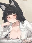 1girl animal_ear_fluff animal_ears arch_05x bed black_hair blunt_bangs blush breasts bright_pupils cleavage closed_mouth collarbone collared_shirt commentary english_commentary fox_ears fox_girl hair_intakes half-closed_eyes half_updo hand_on_own_cheek hand_on_own_face hands_up highres hoshimi_miyabi indoors large_breasts long_hair long_sleeves looking_at_viewer lying no_bra on_bed on_stomach open_clothes open_shirt red_eyes shirt solo upper_body white_pupils white_shirt zenless_zone_zero 