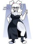  absurd_res anthro black_clothing black_dress bnuyu_(lornalla) breasts cleavage clothed clothing dress eyewear female fur gesture glasses hair hand_gesture hi_res lagomorph leporid lornalla mammal paws rabbit rabbit_ears scut_tail short_tail solo tail v_sign white_body white_fur white_hair 