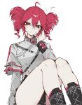  1girl adjusting_hair ahoge belt black_belt black_boots black_skirt boots corrupted_twitter_file drill_hair grey_shirt hair_between_eyes hair_ribbon hand_up high_collar highres kasane_teto kasane_teto_(sv) knees_together_feet_apart knees_up lace-up_boots long_sleeves red_eyes red_hair ribbon shirt simple_background sitting skirt solo sweatdrop synthesizer_v thighs twin_drills ummwa white_background white_ribbon 