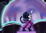 absurd_res anthro belt blue_body blue_fur blue_hair bottomwear claws clothing collar drake_lewis ear_piercing ear_ring electric_guitar felid fur guitar hair hi_res lazaxus male mammal muscular muscular_male musical_instrument pantherine pants piercing playing_guitar playing_music plucked_string_instrument ring_piercing smile solo spiked_collar spikes stairs string_instrument striped_body stripes tail tiger topwear vest