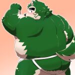  2023 anthro belly big_belly black_nose blush bulge butt canid canine canis clothing domestic_dog green_body hi_res jockstrap kemono lifewonders live_a_hero male mammal mohumohudansi mokdai overweight overweight_male simple_background solo underwear 