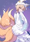  1girl absurdres animal_ear_headwear animal_hat blonde_hair blue_tabard blush commentary covered_mouth dress fox_girl fox_tail frilled_hat frills hat head_tilt highres kitsune kyuubi long_sleeves looking_at_viewer looking_to_the_side mob_cap multiple_tails penciu0125 purple_background short_hair solo tabard tail touhou white_dress white_hat wide_sleeves yakumo_ran yellow_eyes 