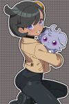 1girl absurdres ass black_bodysuit black_hair bodysuit brown_jacket emma_(pokemon) espurr grey_background grin hair_ornament highres holding holding_pokemon jacket looking_at_viewer odorukaminoke pokemon pokemon_(creature) pokemon_legends:_z-a polka_dot polka_dot_background purple_eyes short_hair side_ahoge skin_tight smile 
