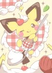  absurdres apron brown_eyes cherry chiko_(chi_p_71) clothed_pokemon commentary_request food fruit full_body heart highres holding holding_spoon leaf licking_lips no_humans one_eye_closed pichu pokemon pokemon_(creature) pokemon_cafe_remix sparkle spoon tongue tongue_out waist_apron 