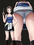  1girl ass black_boots black_skirt black_socks blue_eyes blue_tube_top boots brown_hair closed_mouth clothes_around_waist commentary_request commission crotch_seam gun hand_on_own_hip handgun highres holding holding_gun holding_weapon holster jill_valentine kneehighs lielos looking_at_viewer miniskirt mtu_virus multiple_views panties partial_commentary pixiv_commission resident_evil short_hair shoulder_holster skirt smile socks standing strapless sweater sweater_around_waist tube_top underwear upskirt weapon white_panties white_sweater 