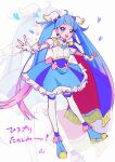  1girl ahoge blue_eyes blue_hair bow cape cure_sky detached_sleeves earrings fingerless_gloves frills full_body gloves highres hirogaru_sky!_precure jewelry long_hair magical_girl mochino_ron open_mouth pink_bow pink_hair precure puffy_detached_sleeves puffy_sleeves single_sidelock smile solo sora_harewataru thighhighs two-sided_cape two-sided_fabric very_long_hair white_gloves wing_hair_ornament 