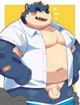  2023 anthro balls band-aid bandage belly big_belly blue_body blush canid canine canis clothed clothing domestic_dog duo eyes_closed flaccid genitals hi_res kemono male mammal moobs navel open_clothing open_shirt open_topwear overweight overweight_male partially_clothed penis pubes shirt solo_focus topwear underwear underwear_down yogret_kai 