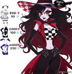  1girl black_hair black_pants black_skin breasts checkered_clothes checkered_shirt colored_sclera colored_skin cropped_jacket english_commentary english_text fang hazbin_hotel hellaverse highres jacket kaizervenom large_breasts leotard long_hair maid multicolored_hair navel pants red_hair red_jacket red_sclera reverse_bunnysuit reverse_outfit roo_(hazbin_hotel) shirt solo speech_bubble teeth two-tone_hair 