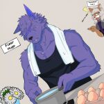  ! chaos_zero_nightmare character_name cooking cooking_pot egg flower furry furry_female furry_male holding holding_cooking_pot hugo_(chaos_zero_nightmare) pointing pointing_at_another purple_fur scar scar_on_face sleeveless sweat towel towel_around_neck yakra_(chaos_zero_nightmare) 
