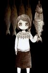  1girl commentary_request dark expressionless feet_out_of_frame fish_(food) greyscale hanging_food leica_(leica_xx) medium_skirt monochrome original rope sepia short_hair skirt solo sweater 