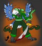 2012 ambiguous_gender anthro avian bird blood blue_body blue_eyes blue_feathers blue_wings bodily_fluids bottomwear brown_background brown_bottomwear brown_clothing brown_pants clothed clothing detachable detachable_head dullahan european_mythology feathers fully_clothed fur gore green_clothing green_shirt green_topwear headless holding_melee_weapon holding_object holding_own_head holding_sword holding_weapon irish_mythology male melee_weapon modular mythology pants shirt simple_background solo spread_wings sword topwear vexinglyyours weapon white_body white_fur wings