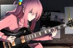  1girl absurdres blue_eyes bocchi_the_rock! closed_mouth commentary_request concentrating cube_hair_ornament electric_guitar english_commentary gibson_les_paul gotoh_hitori guitar hair_ornament half_updo highres holding holding_guitar holding_instrument instrument jacket long_bangs long_hair long_sidelocks long_sleeves mixed-language_commentary music photo_(object) pink_hair pink_jacket playing_guitar playing_instrument poster_(object) sidelocks solo straight_hair track_jacket translation_request upper_body wussensei 