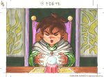  1980s_(style) 1boy brown_hair chair closed_eyes crystal_ball druaga_no_tou gilgamesh_(druaga) male_focus namco official_art open_mouth retro_artstyle robe shinozaki_yuichiro sitting solo table 