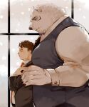  2023 anthro bear borealis_(live_a_hero) clothing duo fur hinokumo_f human human_on_anthro humanoid_hands interspecies kemono lifewonders live_a_hero male male/male male_operator mammal necktie overweight overweight_male polar_bear protagonist_(live_a_hero) shirt size_difference topwear ursine white_body white_fur 