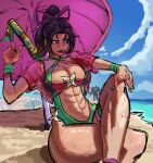  1girl abs absurdres beach beach_umbrella blue_sky breasts cloud crossed_legs day highres luna_snow marvel marvel_rivals medium_breasts official_alternate_costume outdoors ponytail proksuh psylocke psylocke_(breezy_butterfly) sand sky solo umbrella venom_(marvel) water 