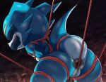  2023 5_fingers anal anthro bandai_namco bdsm blue_arms blue_body blue_butt blue_tail blush bodily_fluids bondage bound bruised butt digimon digimon_(species) fingers hands_behind_back raised_tail red_rope restraints rope rope_bondage shoru solo sweat tail veemon wet wet_body 