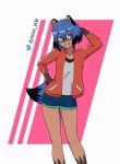  anthro atlas_jkb blue_hair bottomwear brand_new_animal brown_body brown_fur canid canine clothing dipstick_tail facial_markings female fluffy fluffy_tail fur gloves_(marking) hair hand_on_hip head_markings hi_res jacket looking_at_viewer mammal markings mask_(marking) michiru_kagemori multicolored_eyes multicolored_hair raccoon_dog shaded shorts simple_background simple_shading smile solo standing studio_trigger tail tail_markings tanuki topwear watermark 