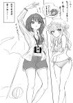  2girls absurdres ball beach beachball bikini blonde_hair blush bow breasts brown_hair camera camera_around_neck cleavage closed_mouth greyscale hair_bow hat hat_bow highres kashiwada_kiiho long_hair long_sleeves maribel_hearn medium_breasts medium_hair mob_cap monochrome multiple_girls navel no_headwear open_mouth parasol ribbon shirt shorts shy small_breasts swimsuit touhou translated umbrella usami_renko 