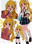  1girl ahoge alternate_costume bag black_choker black_nails black_necktie blonde_hair blue_skirt blush bocchi_the_rock! chibi choker collared_shirt covering_own_mouth detached_ahoge full_body grid_background gyaru hair_ornament hair_scrunchie heart highres ijichi_nijika jewelry leg_warmers loafers long_hair long_sleeves looking_at_viewer loose_necktie loose_socks miniskirt multiple_views nail_polish namamugi2345 necktie notice_lines open_mouth pink_sweater plaid_clothes plaid_skirt pleated_skirt red_eyes school_uniform scrunchie shirt shoes side_ponytail sidelocks skirt smile socks star_(symbol) sweater v white_background white_shirt white_socks wrist_scrunchie yellow_scrunchie 
