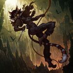  1girl absurdres ahoge animal_ear_fluff animal_ears bat_(animal) belt belt_pouch black_hair black_pants boots brown_belt brown_boots brown_capelet brown_gloves capelet castle cat_ears cat_girl cat_tail cave colored_sclera commentary commission dagger dark-skinned_female dark_skin english_commentary full_body gloves highres holding holding_dagger holding_knife holding_weapon jewelry knife medium_hair multicolored_hair original outdoors pants pouch reverse_grip rope solo soulless_sketch streaked_hair swinging_on_rope tail tail_ornament tail_ring weapon yellow_eyes yellow_sclera 