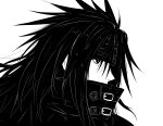  1boy absurdres commentary covered_mouth english_commentary final_fantasy final_fantasy_vii final_fantasy_vii_remake headband highres long_hair lughost male_focus monochrome portrait profile solo spiked_hair vincent_valentine 