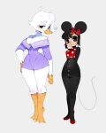 accessory anatid anseriform anthro avian bangs bird black_bottomwear black_clothing black_eyes black_hair black_skirt blush_(makeup) bottomwear bow_ribbon breasts button_skirt cheek_tuft chest_tuft cleavage clothed clothing daisy_duck disney duck duo eyelashes eyeshadow facial_tuft feet female footwear hair hair_accessory hair_bow hair_ribbon hand_on_hip hands_behind_back hi_res high_heels looking_at_viewer makeup mammal membrane_(anatomy) minnie_mouse mouse murid murine neck_tuft off_shoulder polka_dot_shirt polka_dots punipaws red_clothing red_footwear red_high_heels redesign ribbons rodent round_ears shoes simple_background skirt slim smile tail toes tuft webbed_feet white_background white_hair wide_hips