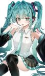  1girl absurdres aqua_eyes aqua_hair aqua_necktie aqua_trim armpit_crease bare_shoulders black_boots black_sleeves blush boots breasts collarbone collared_shirt commentary_request detached_sleeves feet_out_of_frame fingernails hair_between_eyes hair_ornament hatsune_miku highres long_hair long_sleeves looking_at_viewer medium_breasts miika_(haraheri_udon) miniskirt necktie open_mouth pleated_skirt shirt simple_background sitting skirt sleeveless sleeveless_shirt smile solo thigh_boots twintails vocaloid white_background white_shirt wide_sleeves 