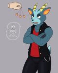 2025 absurd_res animal_crossing annoyed anthro antlers black_eyes blue_body blue_fur bottomwear bruce_(animal_crossing) bulge clothed clothing deer fur hi_res horn hypno_neet hypnosis male mammal mind_control nintendo pants shirt sleeveless_shirt solo text topwear
