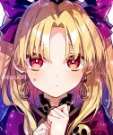  1girl bangs blonde_hair cape closed_mouth commentary_request earrings ereshkigal_(fate) fate/grand_order fate_(series) forehead hair_ribbon jewelry long_hair looking_at_viewer moru00f parted_bangs red_cape red_eyes red_ribbon ribbon solo sweatdrop twitter_username two_side_up upper_body 