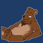  2023 anthro balls bear bearphones blep blue_background bodily_fluids brown_bear brown_body brown_fur fur genitals grizzly_bear half-erect hi_res holding_penis male mammal neck_tuft nude outline penis peperott reaction_image reclining simple_background solo spread_legs spreading tongue tongue_out tuft ursine white_outline 