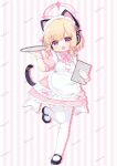  1girl :d alternate_costume animal_ear_headphones animal_ears apron artist_name black_shoes black_tail blonde_hair blue_archive blunt_bangs blush bow bowtie cat_ear_headphones cat_ears cat_tail character_name chinese_commentary collared_dress commentary dress drop_shadow fake_animal_ears fake_tail frilled_apron frilled_dress frilled_wrist_cuffs frills full_body hair_bow halo hand_up headphones highres holding holding_tray leg_up looking_at_viewer low-tied_sidelocks maid maid_apron mary_janes momoi_(blue_archive) open_mouth parted_bangs pink_background pink_bow pink_bowtie pink_dress pink_eyes pink_halo pink_ribbon puffy_short_sleeves puffy_sleeves ribbon shoes short_hair short_sleeves sidelocks smile solo sparerib- standing standing_on_one_leg striped_background tail tail_raised thighhighs tray two-tone_background v-shaped_eyebrows vertical-striped_background watermark watermark_grid white_thighhighs white_wrist_cuffs wrist_cuffs 